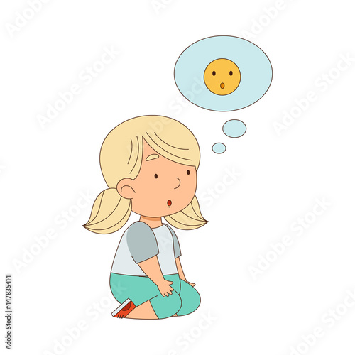Little Blond Girl Sitting on the Floor with Emoji Face in Bubble Vector Illustration