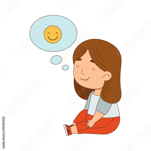 Little Girl Sitting on the Floor with Emoji Face in Bubble Vector Illustration