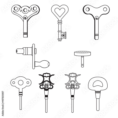 wind up key line set cartoon isolated simple vector flat design style icon on white background or old toys isolated on white.