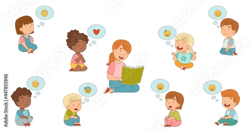 Wallpaper Mural Woman Sitting and Reading Children Fairytale with Kids Expressing Different Emotion Vector Illustration Torontodigital.ca