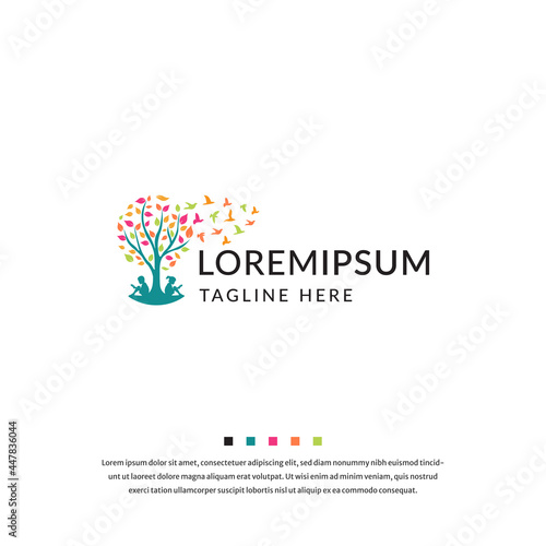 Colorful kids reading under tree kids academy logo icon design template vector