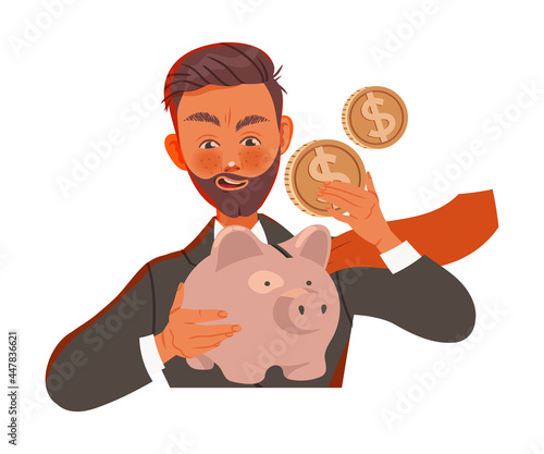 Bearded Man Capitalist in Black Suit Putting Money Coin in Piggy Bank Vector Illustration