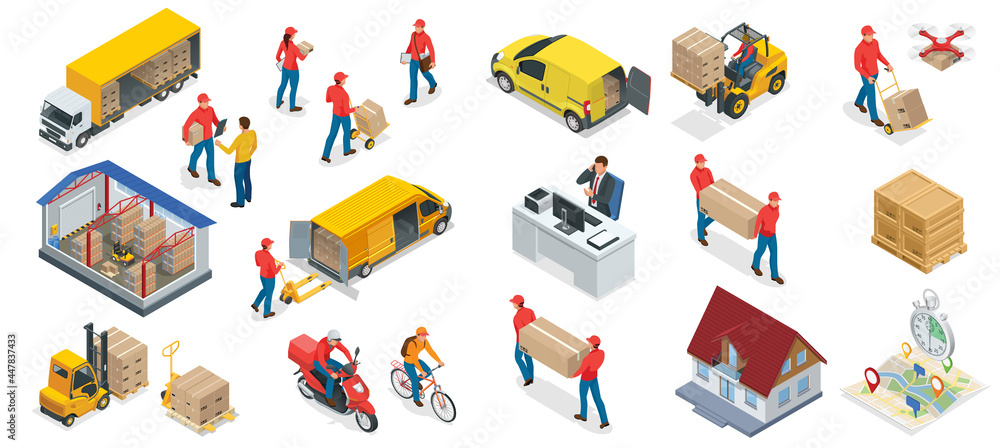 Isometric big set iconf of Logistics and Delivery elements. Delivery home and office. City logistics. Warehouse, truck, forklift, courier, drone and delivery man.