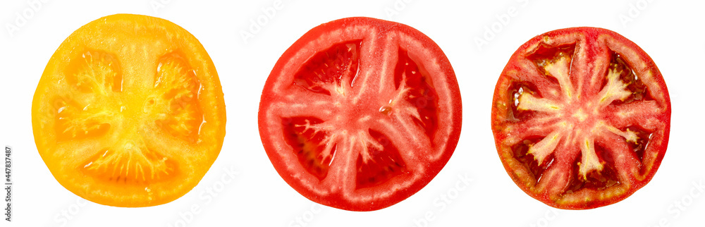 Sliced tomatoes isolated. Slices of different varieties of tomatoes on white background. Red tomato, yellow orange tomato and kumato tomato. Sliced tomatoes isolated. Slices of different varieties of tomatoes on white background. Red tomato, yellow orange tomato and kumato tomato.