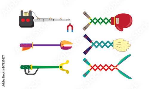 red boxing glove on an extendable scissor arm and Hand Glove On Extending Arm Gag Icon. colorful tool claw funny toy.Magnetic lifting vector. Icon robotic Arm illustration.