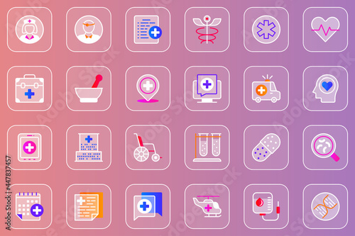Medical service web glassmorphic icons set. Pack outline pictograms of nurse and doctor, prescription, pharmacy, hospital, ambulance, laboratory, medical symbols and other. Vector line glass symbols