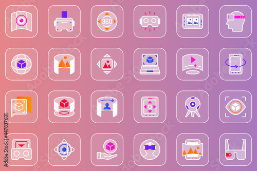 Virtual reality web glassmorphic icons set. Pack outline pictograms of 3d virtual simulation headset, 360 panoramic view, cyberspace, gaming, innovation technology and other. Vector line glass symbols
