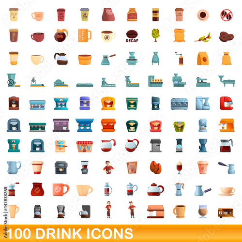 100 drink icons set. Cartoon illustration of 100 drink icons vector set isolated on white background