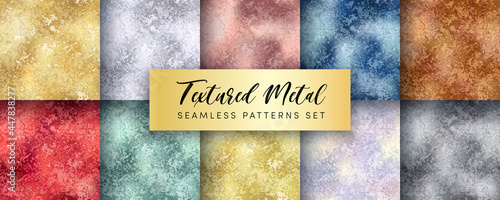 Vector Golden Foil Seamless Pattern Set. Shiny distressed rose gold, silver, bronze, red, green, blue patina grunge repeat texture. Abstract luxury metal surface digital paper, background, wallpaper photo