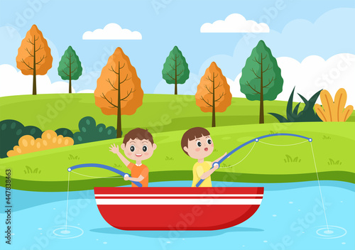 Children Fishing Fish By The River While Enjoying Quality Time At Summer Day With Hill Or Mountain View. Vector Illustration © denayune