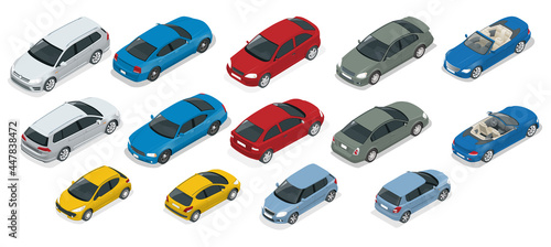 isometric high quality city transport car icon set. Urban, city cars and vehicles transport vector flat icons set.
