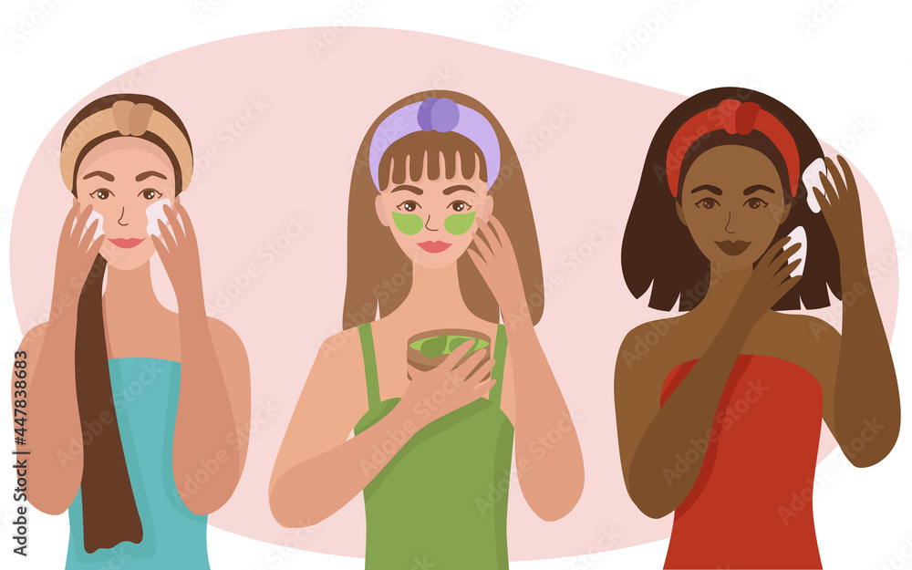 Girlfriends do self-care, face masks, hair. Home spa for different nationalities. Vector illustration isolated. Girlfriends do self-care, face masks, hair. Home spa for different nationalities. Vector illustration isolated.