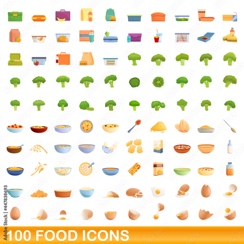 100 food icons set. Cartoon illustration of 100 food icons vector set isolated on white background 100 food icons set. Cartoon illustration of 100 food icons vector set isolated on white background