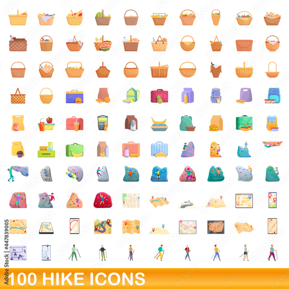 100 hike icons set. Cartoon illustration of 100 hike icons vector set isolated on white background 100 hike icons set. Cartoon illustration of 100 hike icons vector set isolated on white background