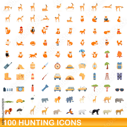 100 hunting icons set. Cartoon illustration of 100 hunting icons vector set isolated on white background