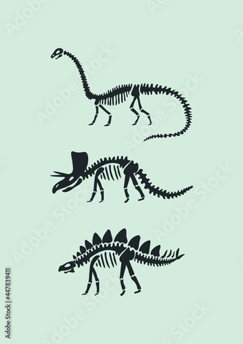 Fototapeta Naklejka Na Ścianę i Meble -  Dinosaur bones  on green  background. Funny Vector illustration Dino skeleton in Scandinavian style. Childish design for  wall print, cards.