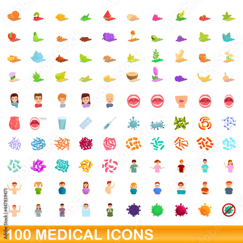 Fototapeta Naklejka Na Ścianę i Meble -  100 medical icons set. Cartoon illustration of 100 medical icons vector set isolated on white background