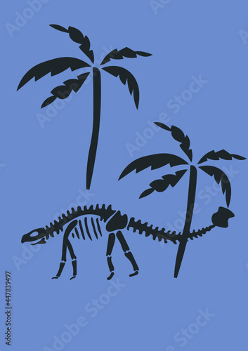 Dinosaur bones and palm on blue background. Funny Vector illustration Dino skeleton in Scandinavian style. Childish design for  wall print  cards.