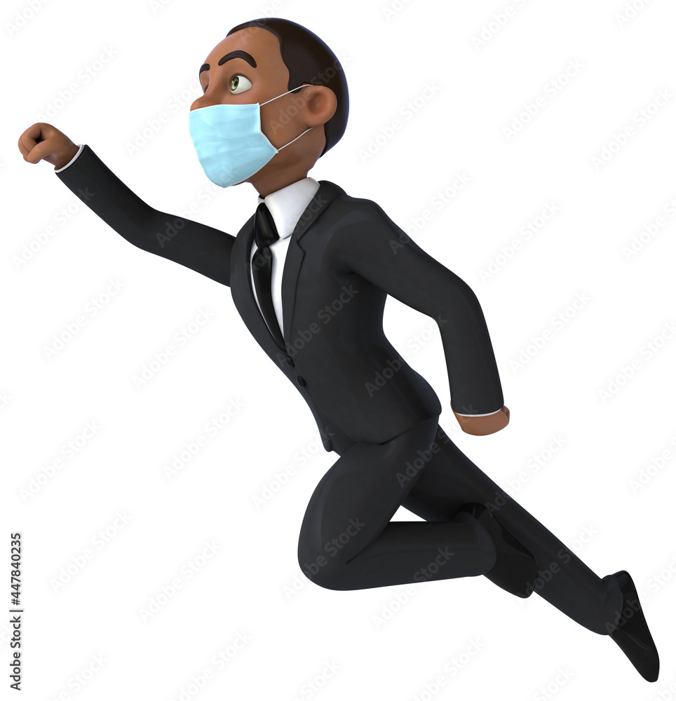 Fun 3D illustration of a black business man with a mask Fun 3D illustration of a black business man with a mask