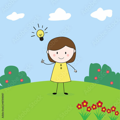 Cute Girl Got Idea In The Garden. Perfect for Childen book illustration, game assets, etc