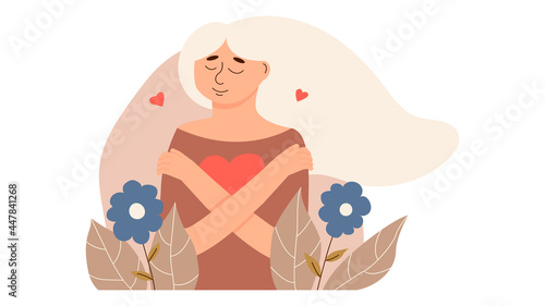 Young woman lovingly hugs herself and her body. Love yourself and overcome personal and psychological problems. Self love and self confidence and care. Mental health, confidence. Vector illustration.