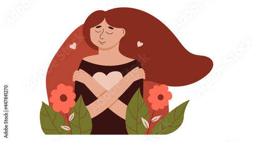 Young woman lovingly hugs herself and her body. Love yourself and overcome personal and psychological problems. Self love and self confidence and care. Mental health, confidence. Vector illustration.