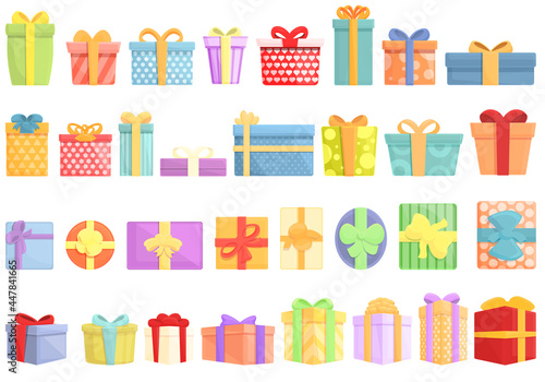 Birthday gift icons set cartoon vector. Present box. Card bow