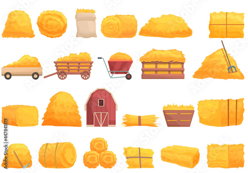 Bale of hay icons set cartoon vector. Agriculture haystack. Dried farm hay