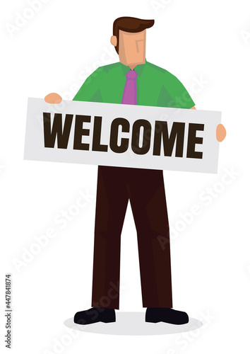 Businessman holding the word welcome.