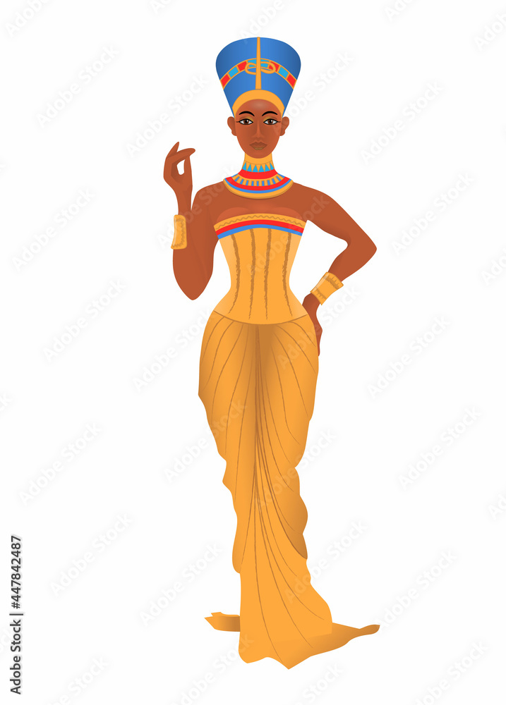 Beautiful dark-skinned woman stylized into Nefertiti full-length. Egyptian woman in golden dress.