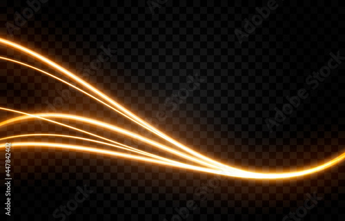 Vector glowing light lines. Neon light, electric light, light effect png. Golden line png, magical glow, shine.