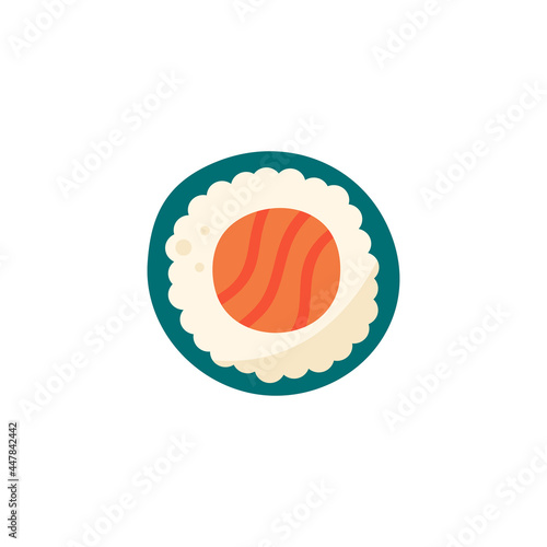 Sushi roll with fresh salmon fish, rice and nori seaweed. Asian food. Japanese, china cuisine. Vector illustration, design element. Isolated on white background.