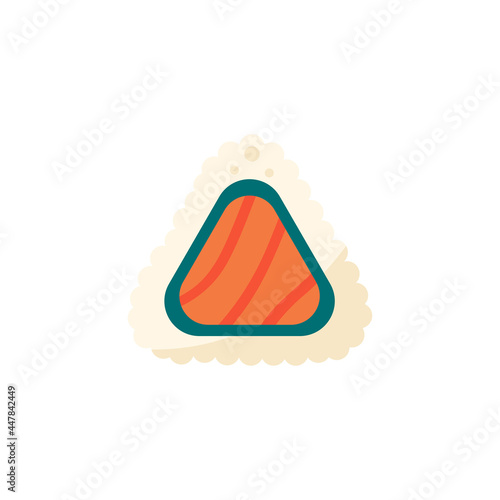 Sushi roll with fresh salmon fish, rice and nori seaweed. Triangle shape. Asian food. Japanese, Chinese cuisine. Vector illustration, design element. Isolated on white background.