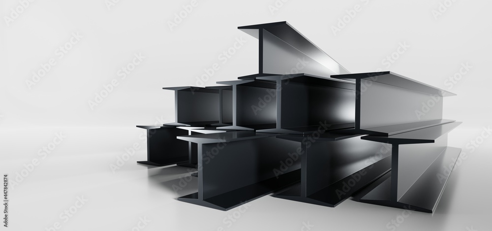 Black steel beams stack isolated on white background. Metal industrial ...