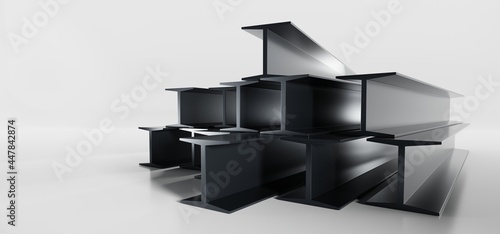 Fototapeta Naklejka Na Ścianę i Meble -  Black steel beams stack isolated on white background. Metal industrial girder pieces, stainless construction joist or iron structural profile for building works, 3d illustration of strong i-beams