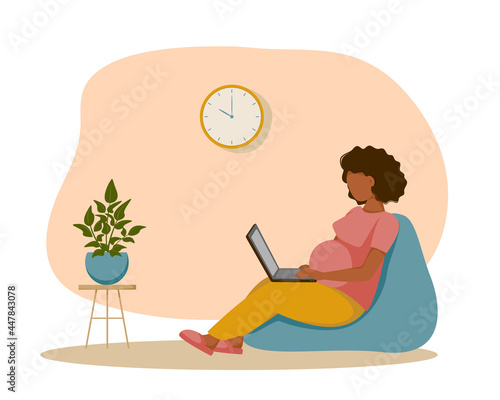 Cute pregnant woman working from home with laptop while sitting in a bag chair. Freelance, coworking concept. Vector illustration. Flat design.