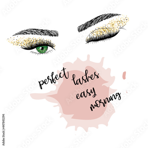 Lashes quote. Hand drawn woman's sexy makeup look with perfectly shaped eyebrows and lashes. Vector illustration for business visit card, typograph, print. Perfect salon look.