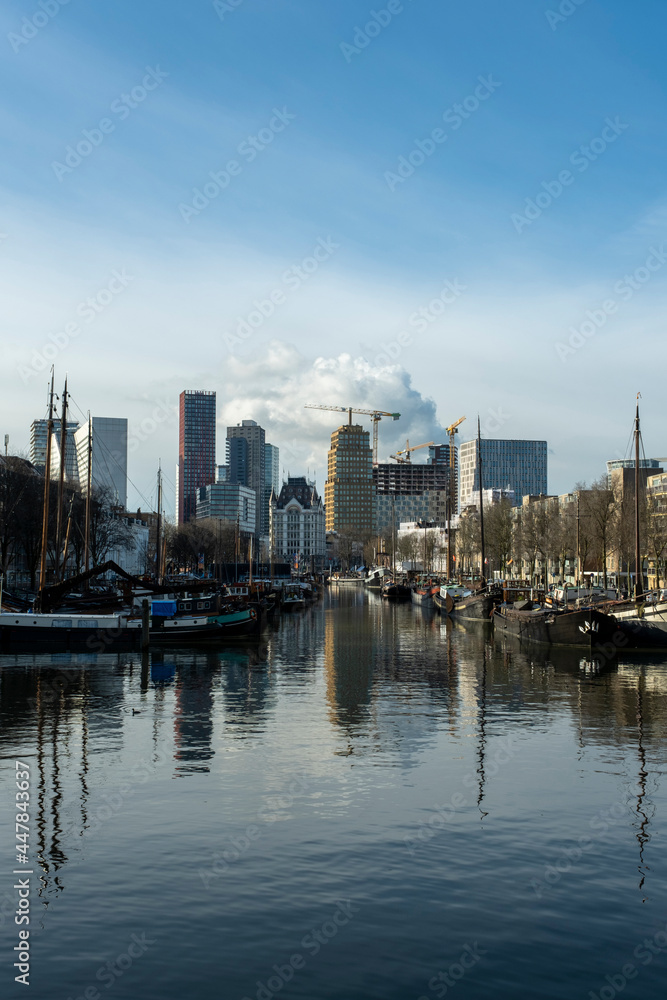 Rotterdam City, Oude Haven oldest part of the harbour, historic ship yard dock, Old Ship, Openlucht Binnenvaart Museum, Haringvliet and the Willemsbrug bridge at Dusk in Summer