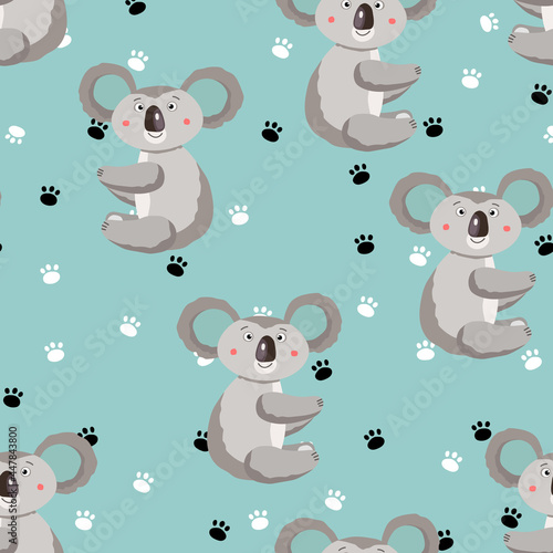 Seamless pattern with cute koala baby and footprint on color background. Funny australian animals. Card, postcards for kids. Flat vector illustration for fabric, textile, wallpaper, poster, paper