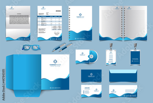 Corporate identity branding design template. Premium Stationery design set. Most popular Vector Template for business or finance companies. Invoice, Folder, Leather, notebook, business card, envelope

