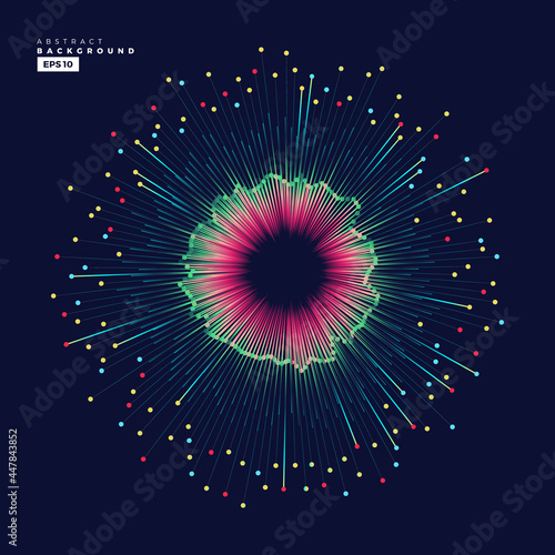 Evolution of data. Vector explosion motion dot lines background. Small particles strive out of center. vector illustration use for quantum technology, digital, science, music, communication.
