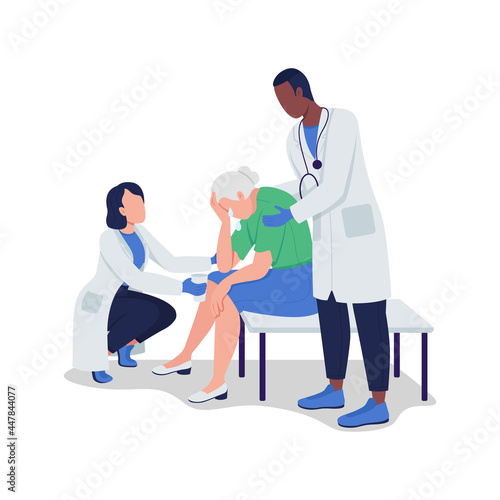 Doctors support crying old lady semi flat color vector characters. Full body people on white. Anxiety, depression in seniors isolated modern cartoon style illustration for graphic design and animation