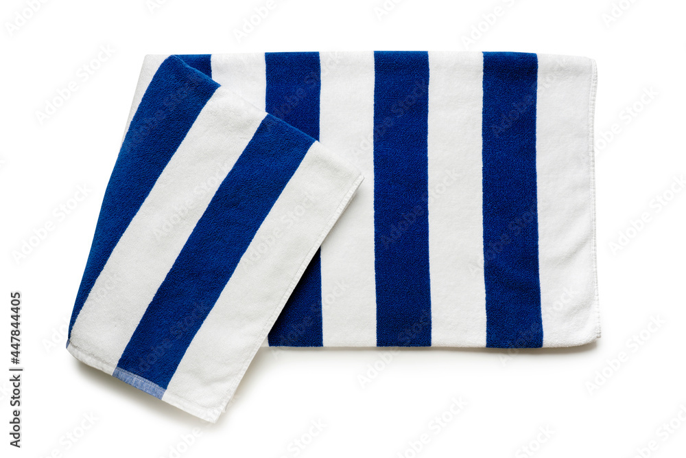 Folded soft terry blue and white towel on white background, top view Folded soft terry blue and white towel on white background, top view
