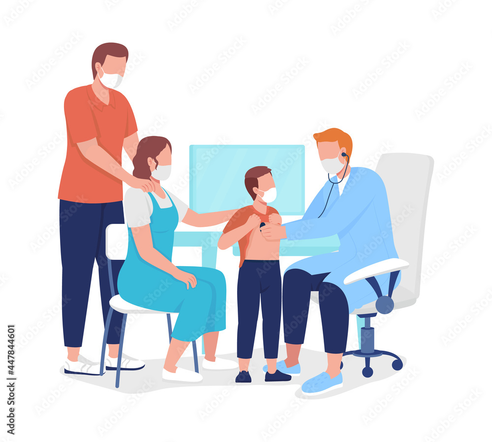 Obraz premium Visit to family physician semi flat color vector characters. Full body people on white. Physical exam with stethoscope isolated modern cartoon style illustration for graphic design and animation