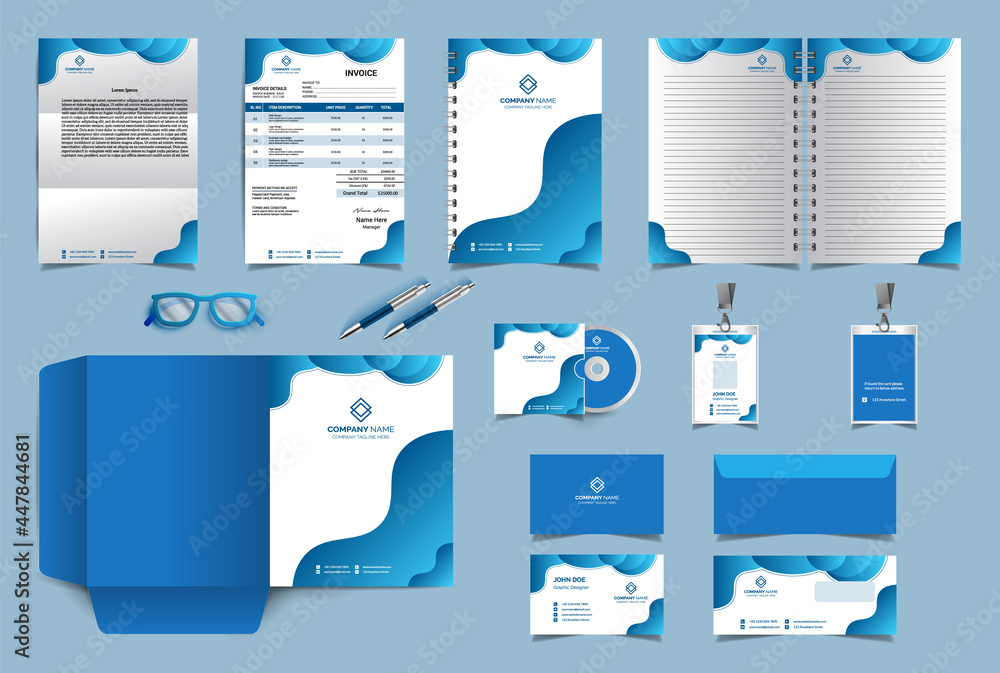 Corporate identity branding design template. Premium Stationery design set. Most popular Vector Template for business or finance companies. Invoice, Folder, Leather, notebook, business card, envelope
