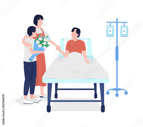 Family members visiting man in hospital semi flat color vector characters. Full body people on white. Family support isolated modern cartoon style illustration for graphic design and animation