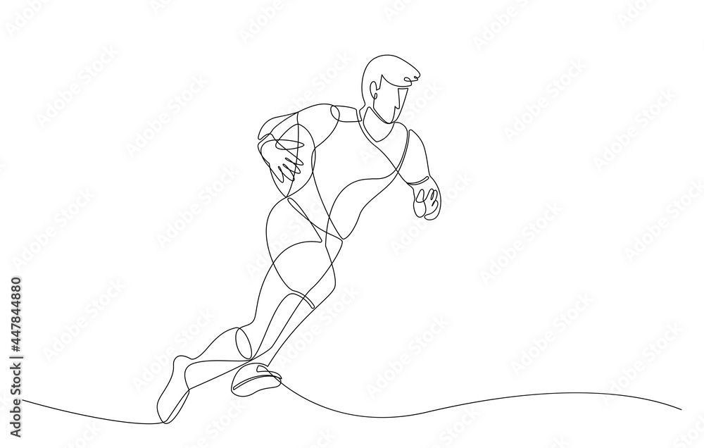 One single line drawing running rugby player with ball. One single line drawing running rugby player with ball.