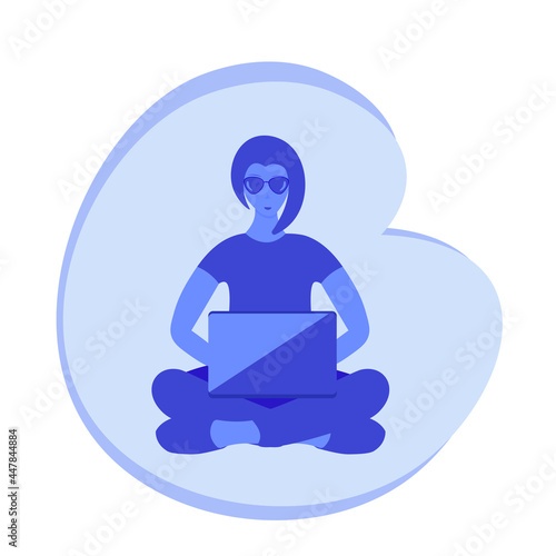 Young woman with laptop.
Vector cartoon style illustration.