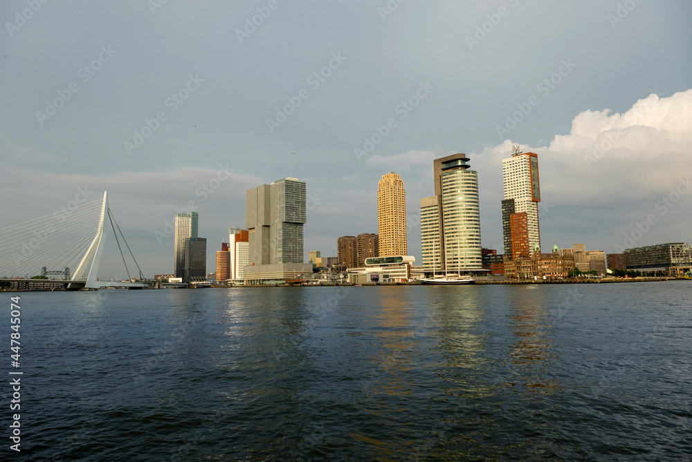 Fototapeta premium The Netherlands. Skyline of Rotterdam With Erasmus Bridge and Kop van Zuid