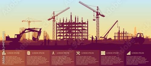 Construction site with a tower crane. Construction of residential buildings. Infographics for presentation or website. Panoramic view of the construction of skyscrapers. Landscape with a modern city.